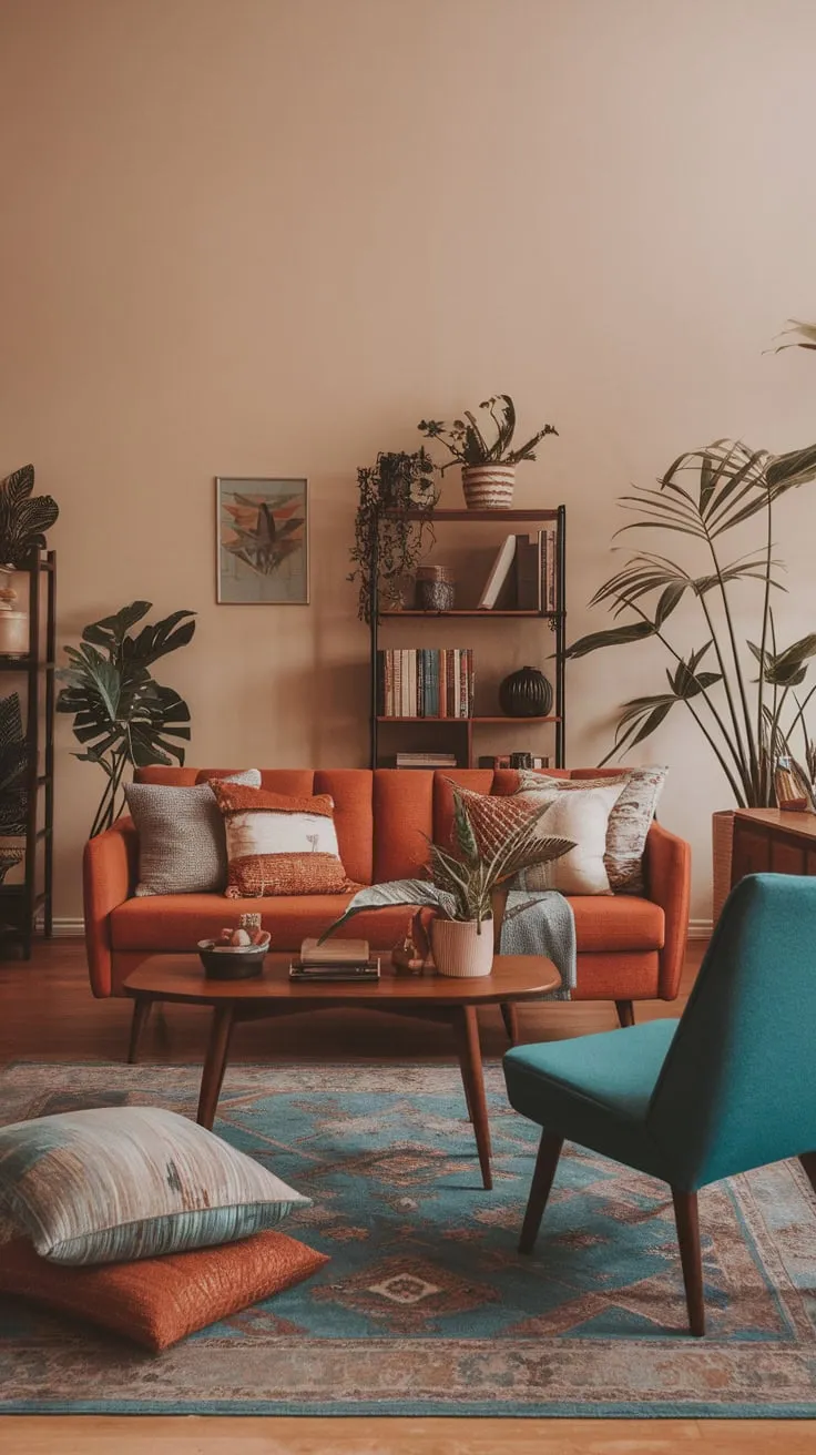 A mid-century modern living room blends earthy tones and patterned textures for a welcoming, boho-chic atmosphere.