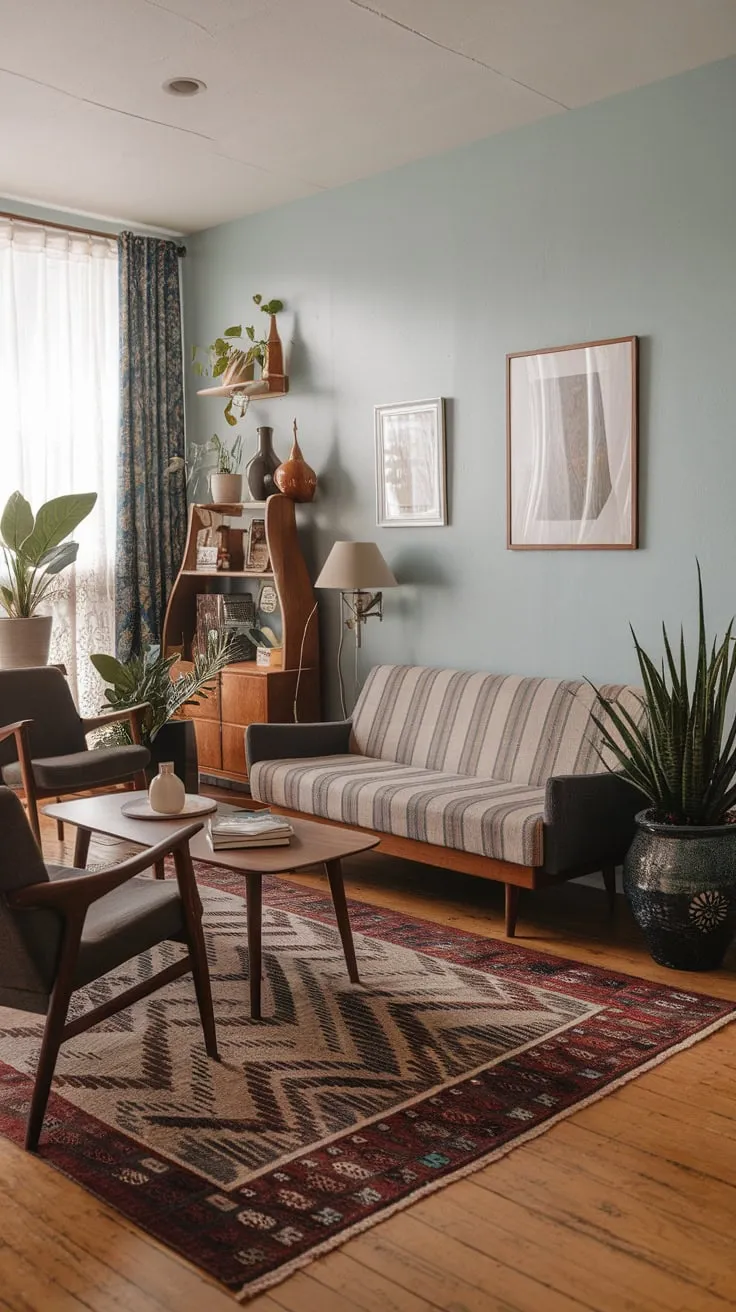 A light blue-walled living room blends mid-century modern furniture with boho accents, creating a stylish and inviting space.