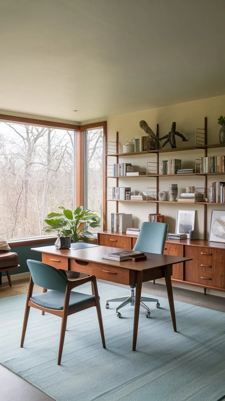 In this serene mid-century modern office, calming hues and abundant natural light harmoniously blend to inspire creativity and focus.