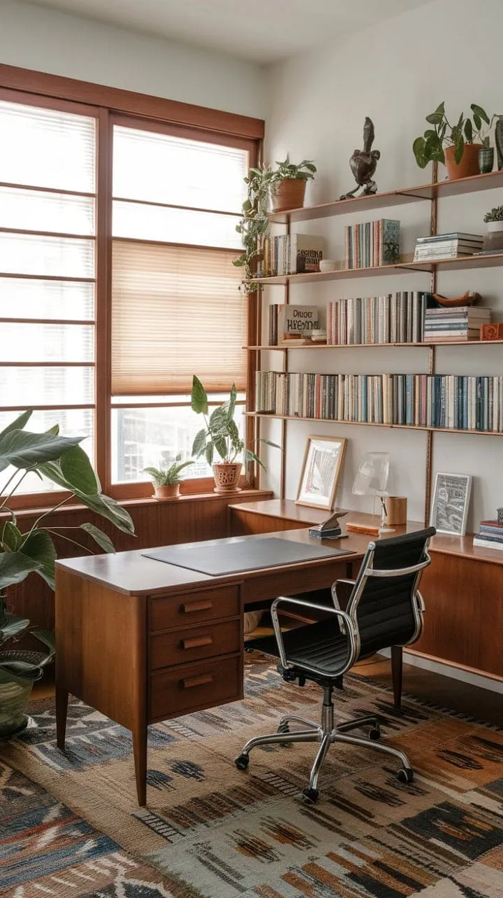 Sunlight dances through wooden blinds, casting a warm glow on a mid-century modern sanctuary where rich furnishings and curated treasures harmonize in elegant simplicity.