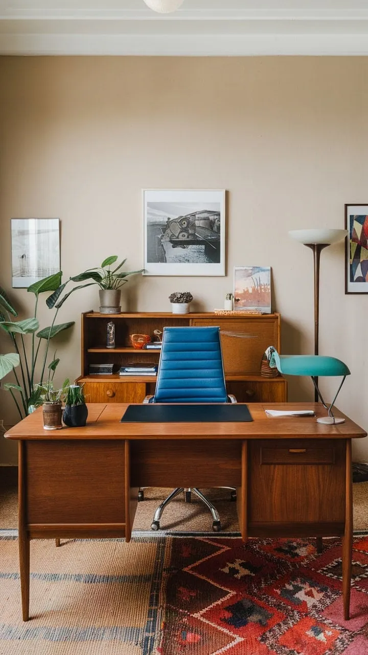 A serene mid-century modern workspace, bathed in warm lamp light, harmoniously blends rich wood tones with vibrant blue and green accents, fostering a tranquil atmosphere for focused productivity.