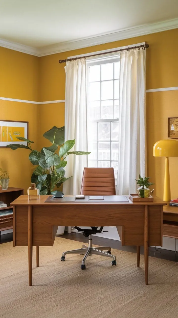 Bathed in yellow light, this mid-century modern office blends effortless sophistication with a creative spirit, making it a serene sanctuary for inspiration and focus.