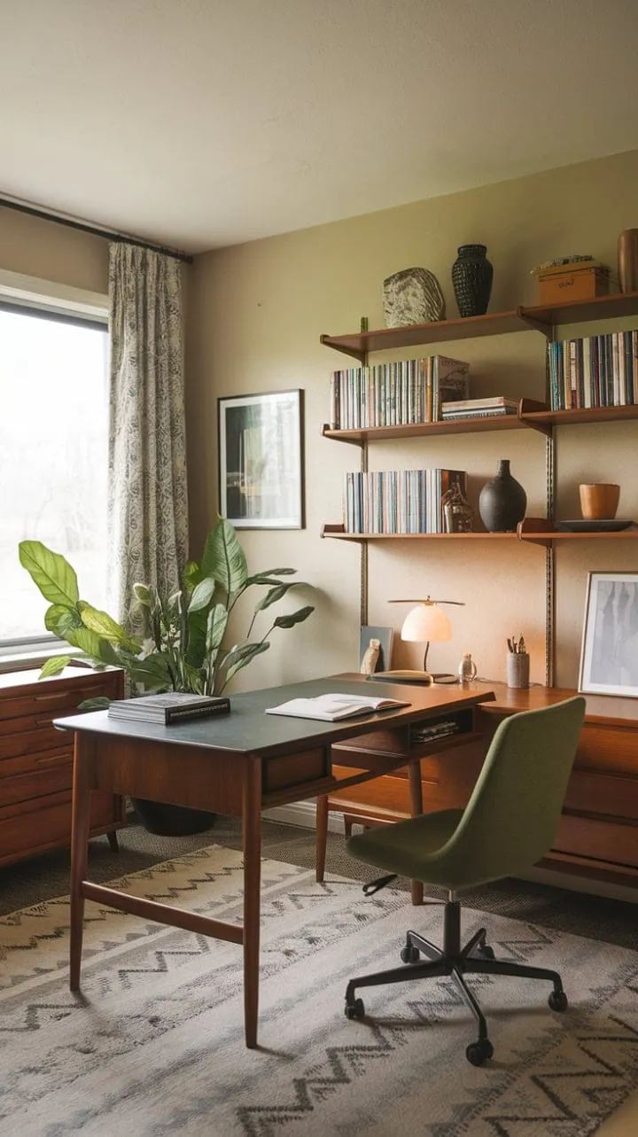This mid-century modern office exudes a serene elegance, harmoniously blending rich wood tones and calming accents to inspire both productivity and peaceful contemplation.