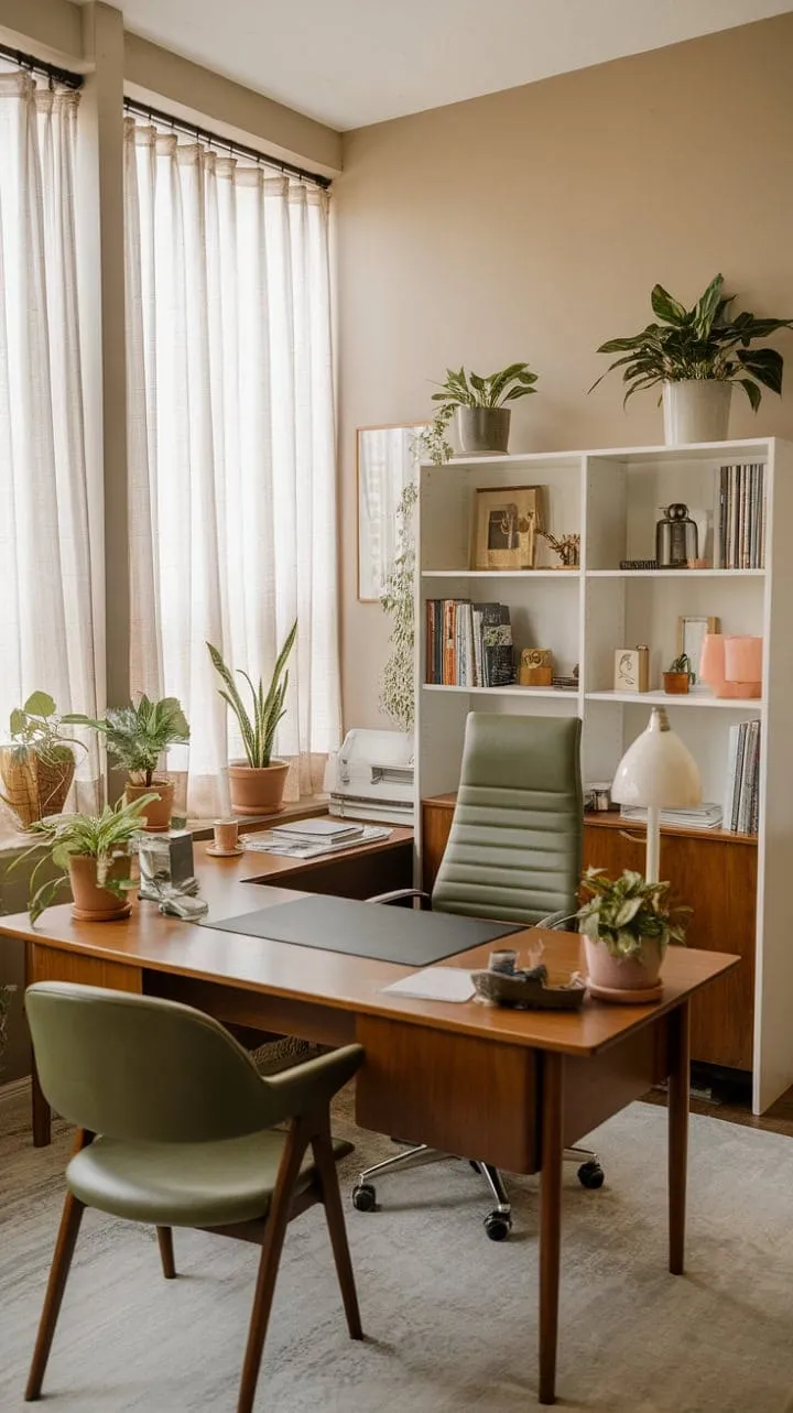 Sunlight dances through sheer curtains in a mid-century modern sanctuary, where warm hues and vibrant accents cultivate a serene yet inspiring workspace.