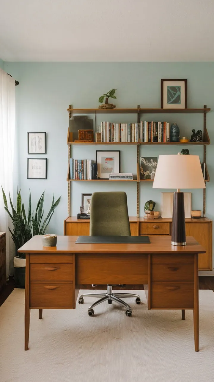 Bathed in natural light, this mid-century modern workspace harmoniously blends rich wood, vibrant green accents, and calming blue walls, creating a tranquil haven for creativity.