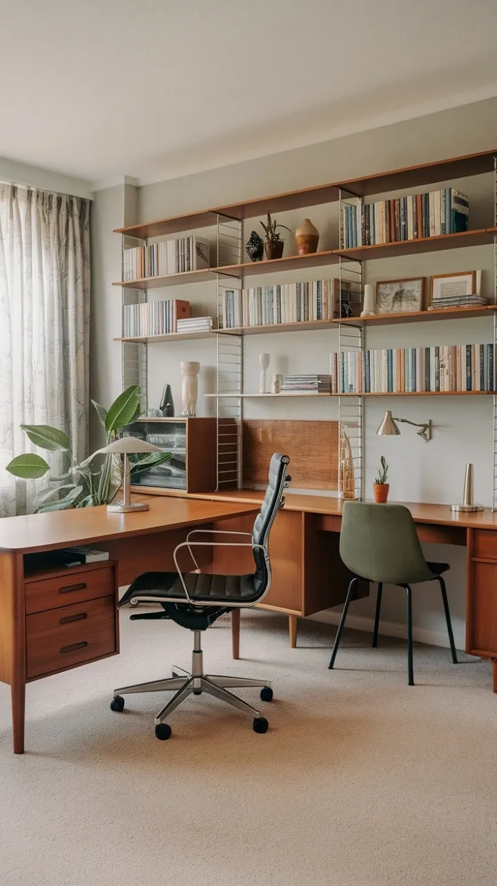 This sophisticated home office blends clean lines and curated decor, creating a serene haven for productivity and contemplation.