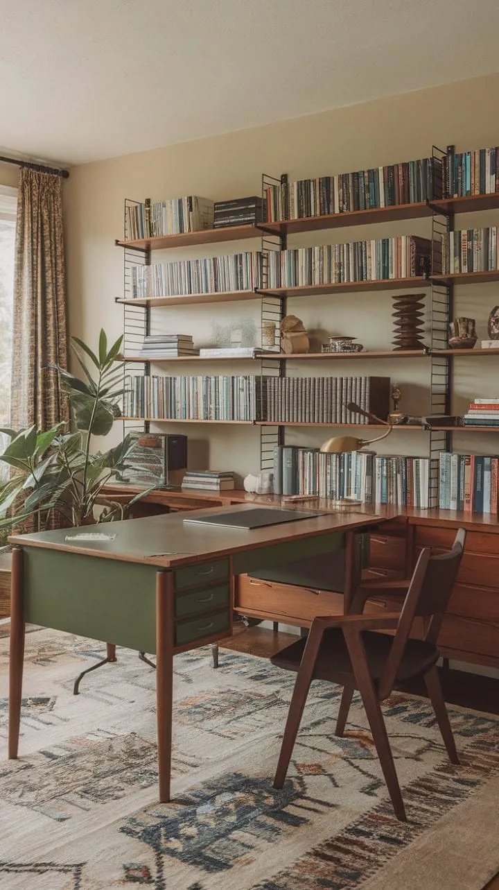 Bathed in sunlight, this inviting home office blends warm wood tones and mid-century modern design with vibrant green accents, fostering a perfect haven for creativity and productivity.