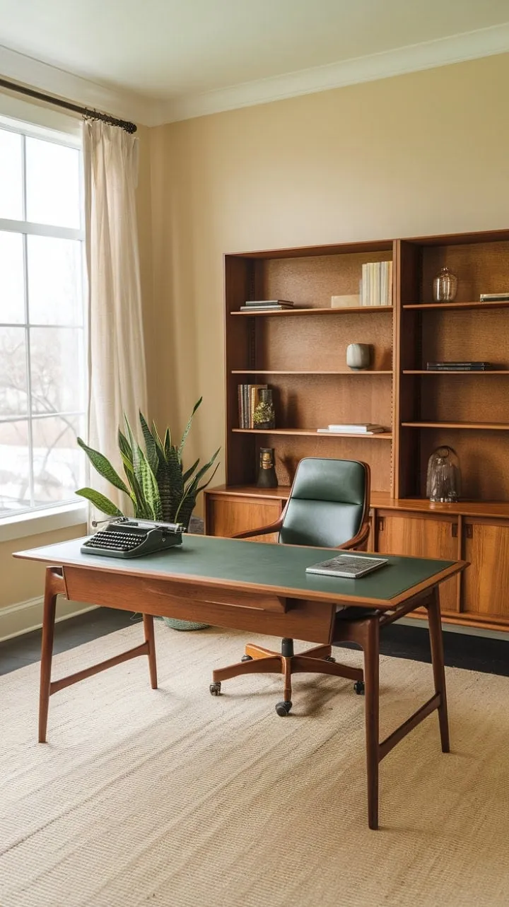 Bathed in natural light, a warm beige workspace with a green leather-topped desk and a vintage typewriter creates an inviting retreat where creativity thrives.