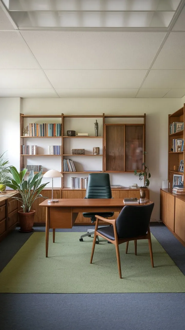 Bathed in sunlight, this mid-century modern sanctuary blends rich wood and vibrant green, creating a serene space ideal for crafting masterpieces.