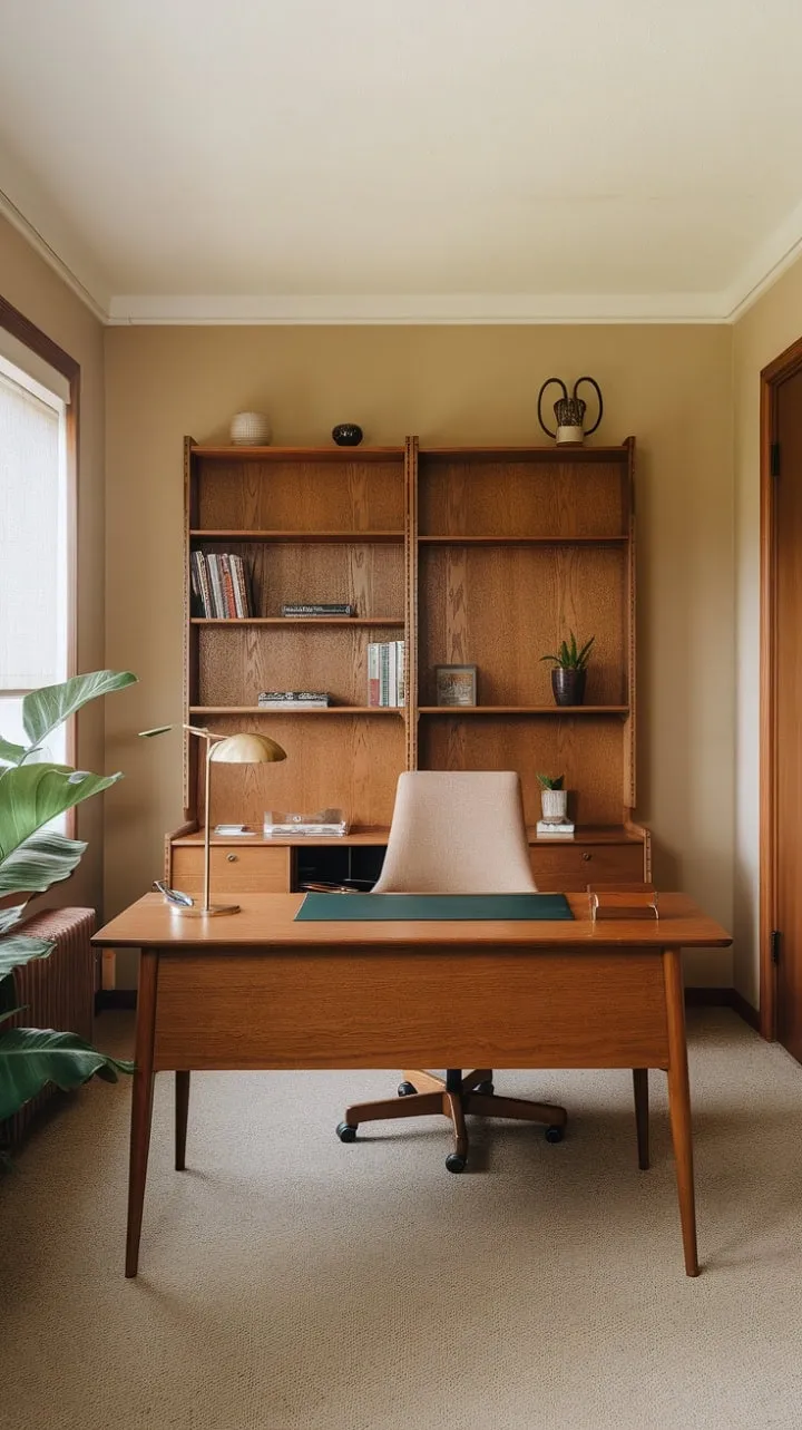 This mid-century modern office artfully combines style and practicality, featuring rich wooden textures and a cozy beige chair that inspire creativity and reflection.