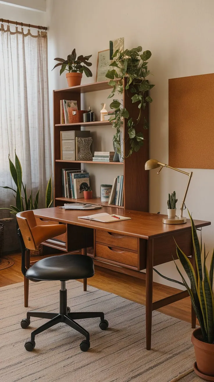 Mid-century modern design at its finest. The warm wood tones of the desk and bookshelf, complemented by the soft light filtering through the curtains, create a tranquil and inspiring workspace. A perfect blend of form and function, this home office is a haven for creativity and productivity. The carefully curated details, from the potted plants to the corkboard, speak to a thoughtful and organized approach to work and life.