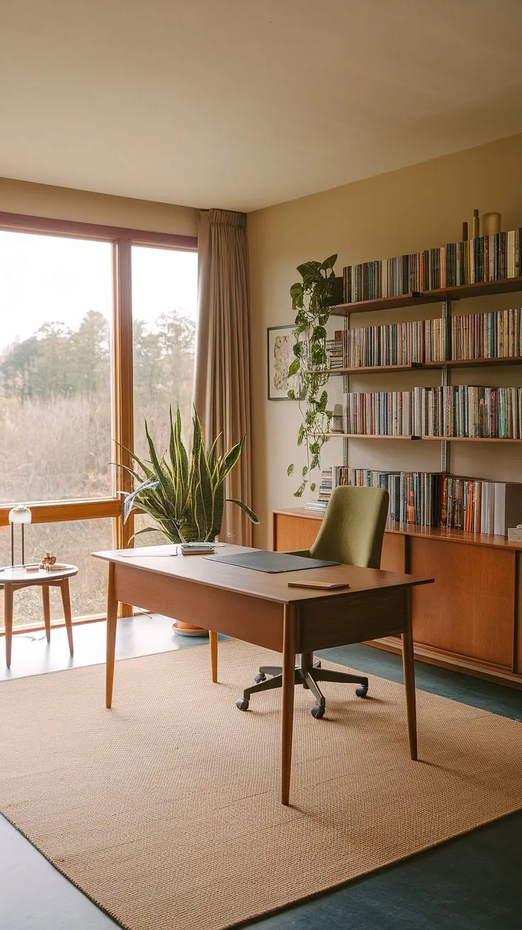 Sunlight streams through the large window, illuminating the mid-century modern desk and its perfectly curated collection of books. A comfortable green chair invites quiet contemplation, while the potted plant adds a touch of nature to this serene workspace. This is where ideas blossom.