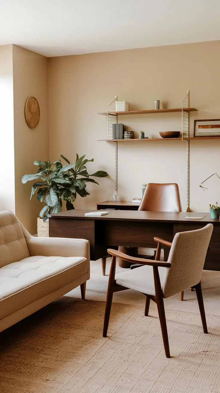 This mid-century modern space effortlessly blends style and practicality. The neutral palette, punctuated by the rich tones of the wooden desk and shelving, creates a calming workspace. A perfect environment for achieving peak productivity, this office is a testament to thoughtful design.