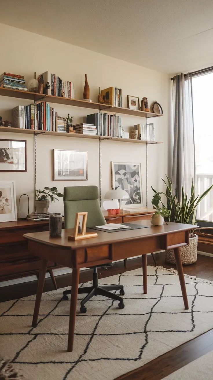 Sunlight streams through the window, illuminating this perfectly styled mid-century modern home office. The thoughtful arrangement of plants, books, and personal touches a speaks volumes about the occupant's refined taste and dedication to creating a productive and aesthetically pleasing environment.