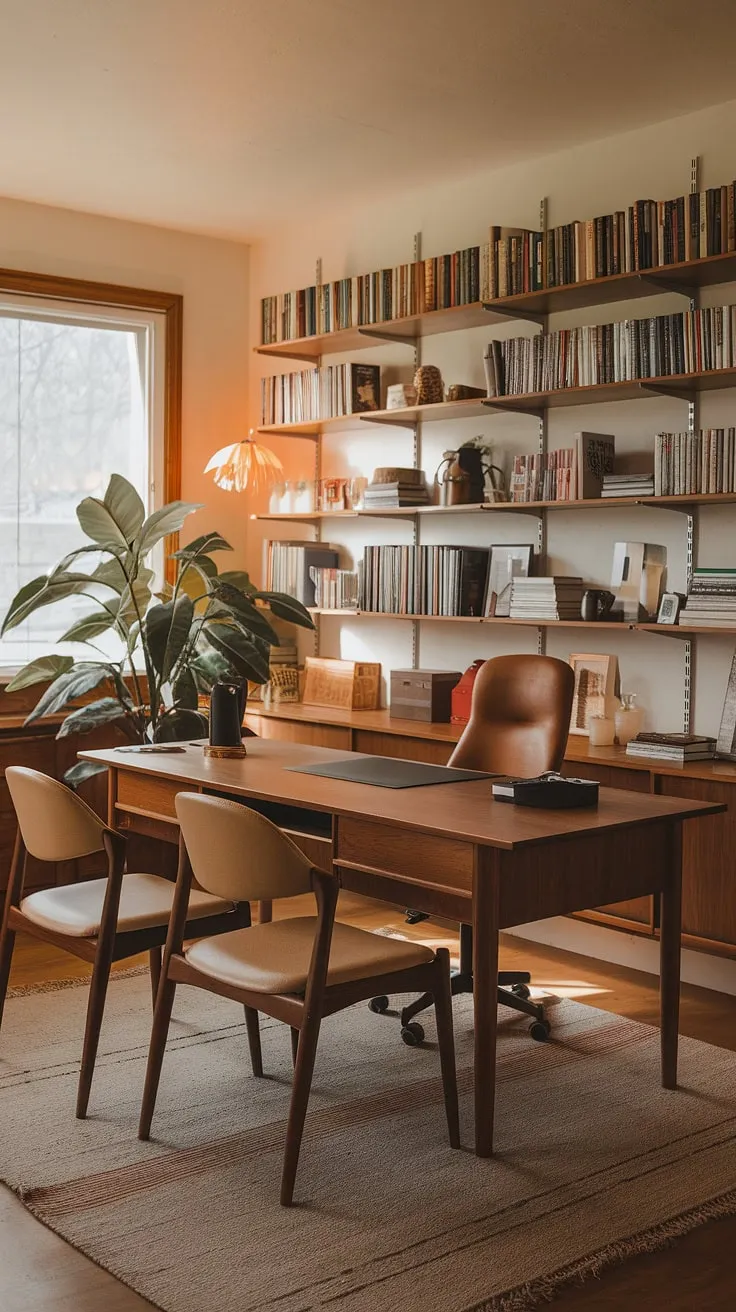 A sanctuary of calm amidst the chaos. This mid-century modern office, bathed in warm light, invites focus and reflection. The rich wood of the desk, the comforting presence of books, and the quiet strength of the potted plant all contribute to an atmosphere of productive tranquility. It's a space designed for deep work and quiet contemplation.