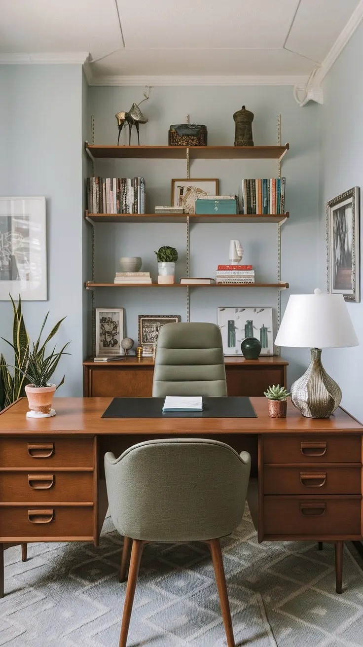 Imagine yourself working in this idyllic mid-century modern office. The gentle light, the comfortable green chair, and the organized workspace all contribute to a feeling of calm and focused energy. A space designed for both efficiency and aesthetic pleasure, it's the perfect blend of form and function.