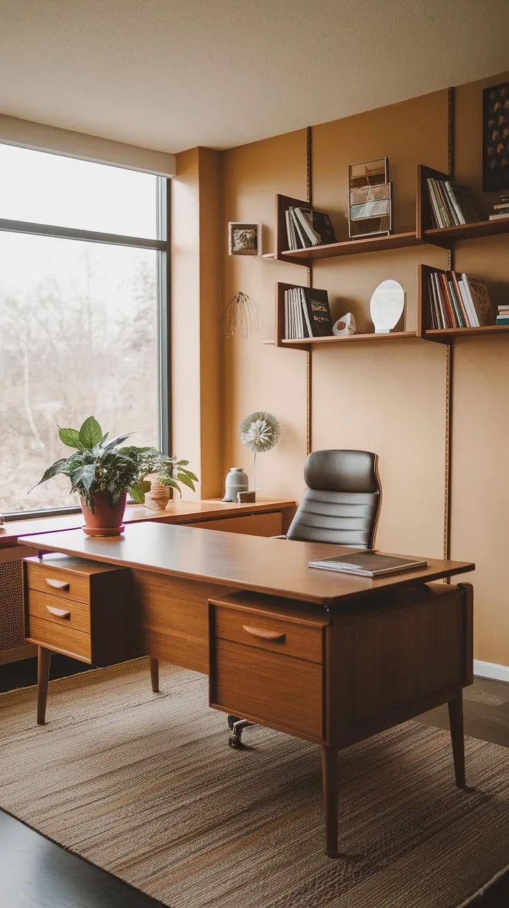 This mid-century modern workspace is a study in understated elegance. The carefully curated collection of books and objects on the built-in shelving reflects a refined aesthetic, while the natural light and comfortable chair create a productive and inviting atmosphere. A perfect blend of form and function.