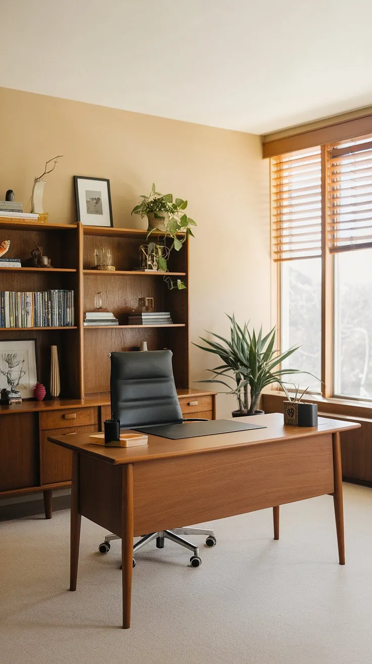 This mid-century modern office is a study in understated elegance. The warm, neutral palette, punctuated by the natural wood tones of the furniture and the vibrant green of the plant, fosters a productive and peaceful atmosphere. A space designed for thoughtful work and quiet contemplation.
