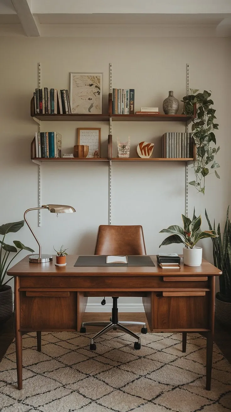 This mid-century modern office whispers of inspiration. The carefully curated details-from the vintage lamp casting a gentle glow to the thoughtfully placed potted plants-speak to a dedication to both aesthetics and functionality. A space where ideas take root and flourish, it's a haven for creative minds seeking a productive and peaceful environment.
