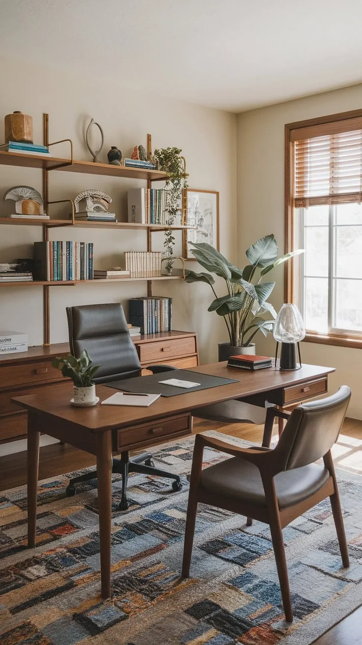This mid-century modern workspace effortlessly blends functionality and style. The rich wood tones of the desk and shelving, complemented by the patterned rug and a touch of greenery, create a sophisticated and inviting atmosphere. A perfect blend of form and function, this office is a testament to thoughtful design.
