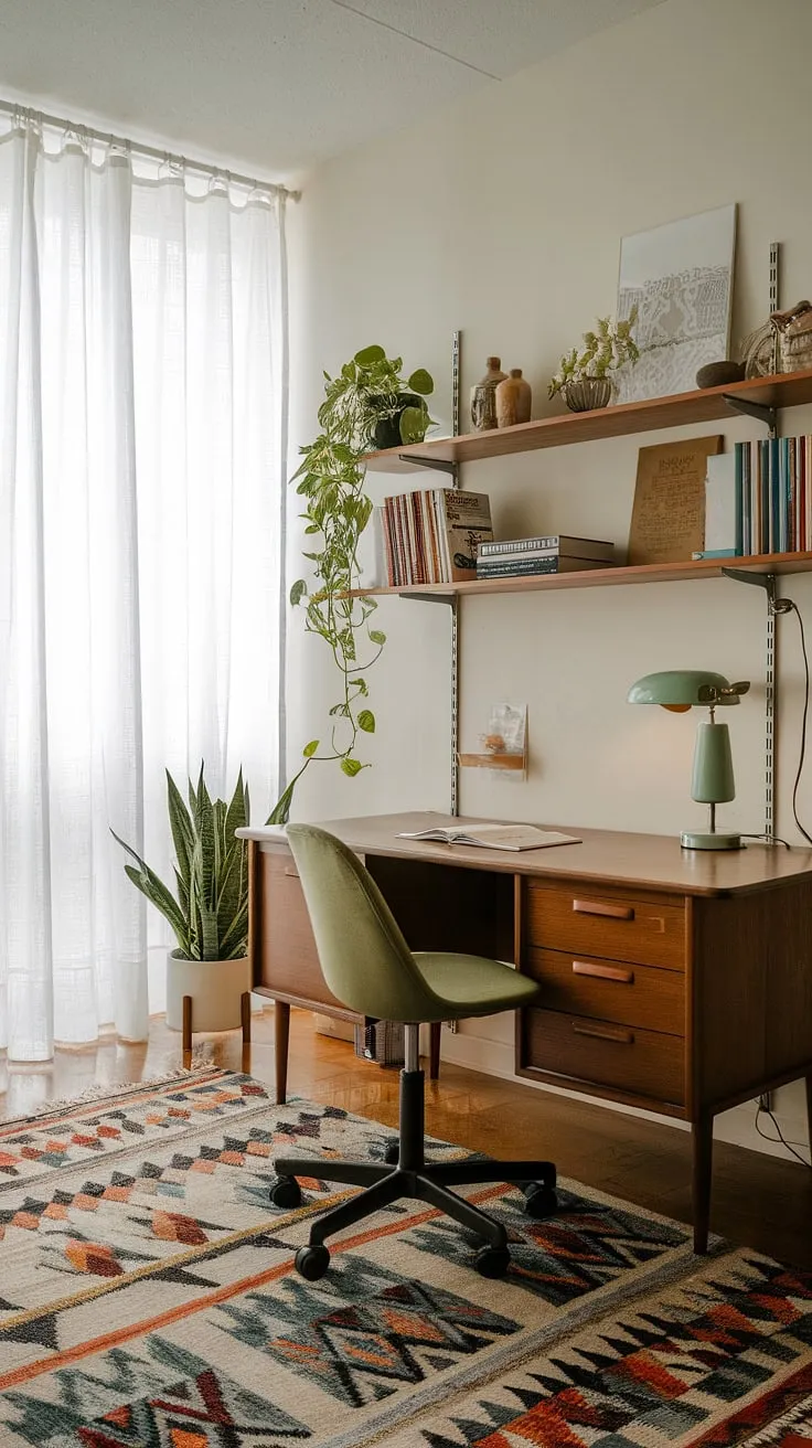 This mid-century modern haven is more than just an office; it's a reflection of refined taste and a dedication to thoughtful design. The green chair, the patterned rug, and the carefully chosen accessories all contribute to a calming atmosphere, perfect for deep work and quiet contemplation. A space where productivity meets peaceful elegance.