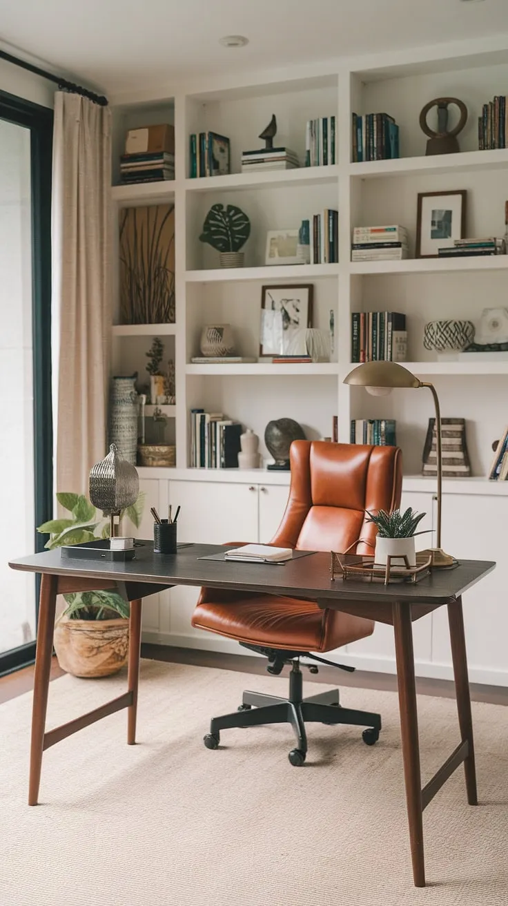 This mid-century modern home office is a testament to timeless design. The carefully curated details, from the sleek wooden desk to the comfortable leather chair, create a space that is both functional and aesthetically pleasing. A perfect blend of form and function, it's a place where ideas take shape and inspiration flows freely.