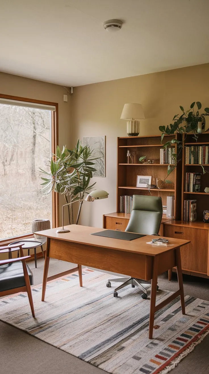 Sunlight streams through the large window, illuminating the mid-century modern desk and its perfectly curated workspace. The green chair, wooden desk, and potted plant create a calming atmosphere, ideal for focused work and quiet contemplation. A haven of productivity and tranquility.