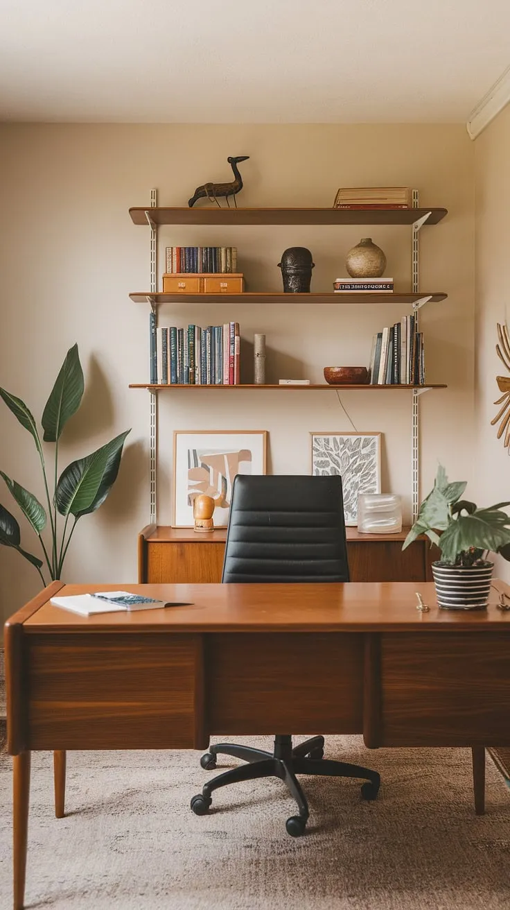 This mid-century modern home office is a study in understated elegance. The neutral color palette, complemented by the rich wood of the desk and the sleek black chair, creates a calming and efficient workspace. A small rug adds warmth underfoot, while a potted plant brings a touch of nature indoors, fostering a sense of well-being. The thoughtfully arranged bookshelf adds a personal touch, showcasing a curated collection of books and decorative items.