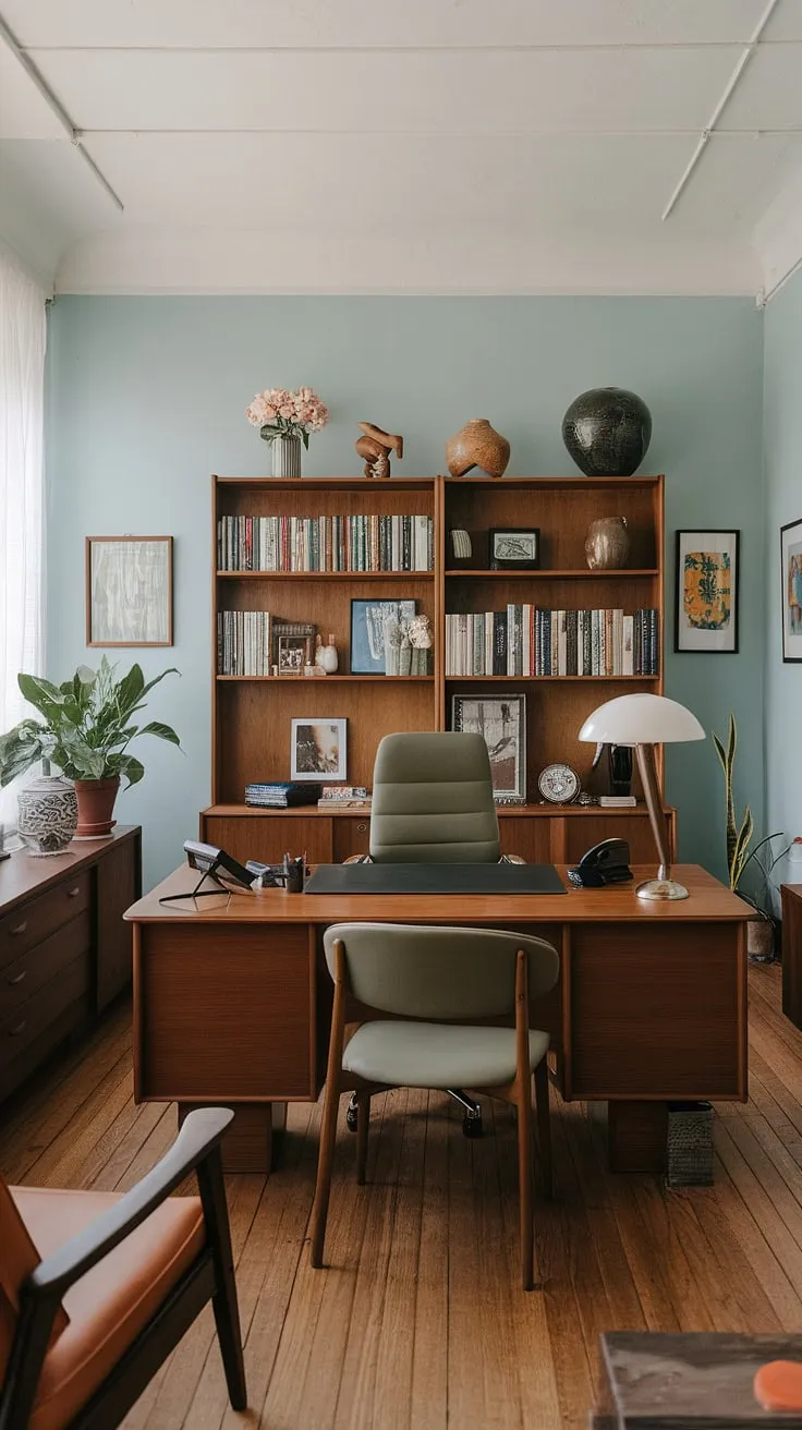 This mid-century modern sanctuary effortlessly blends functionality and style. The thoughtfully curated details, from the vintage phone to the carefully chosen books, speak to a dedication to both productivity and personal expression. A space where ideas flourish amidst the calming influence of natural light and carefully selected furnishings.