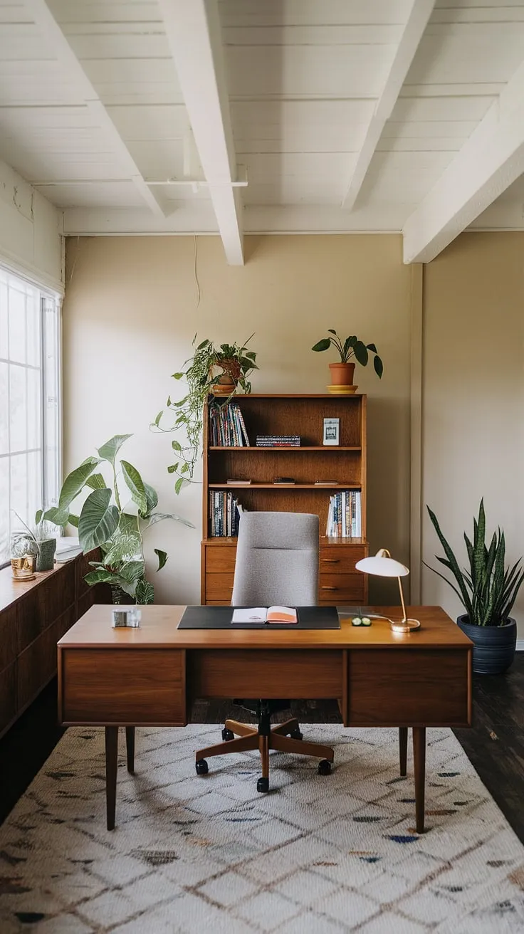 A perfectly balanced blend of functionality and style. This mid-century modern office, bathed in natural light, offers a serene workspace where ideas flourish. A testament to timeless design and the power of a well-organized environment.