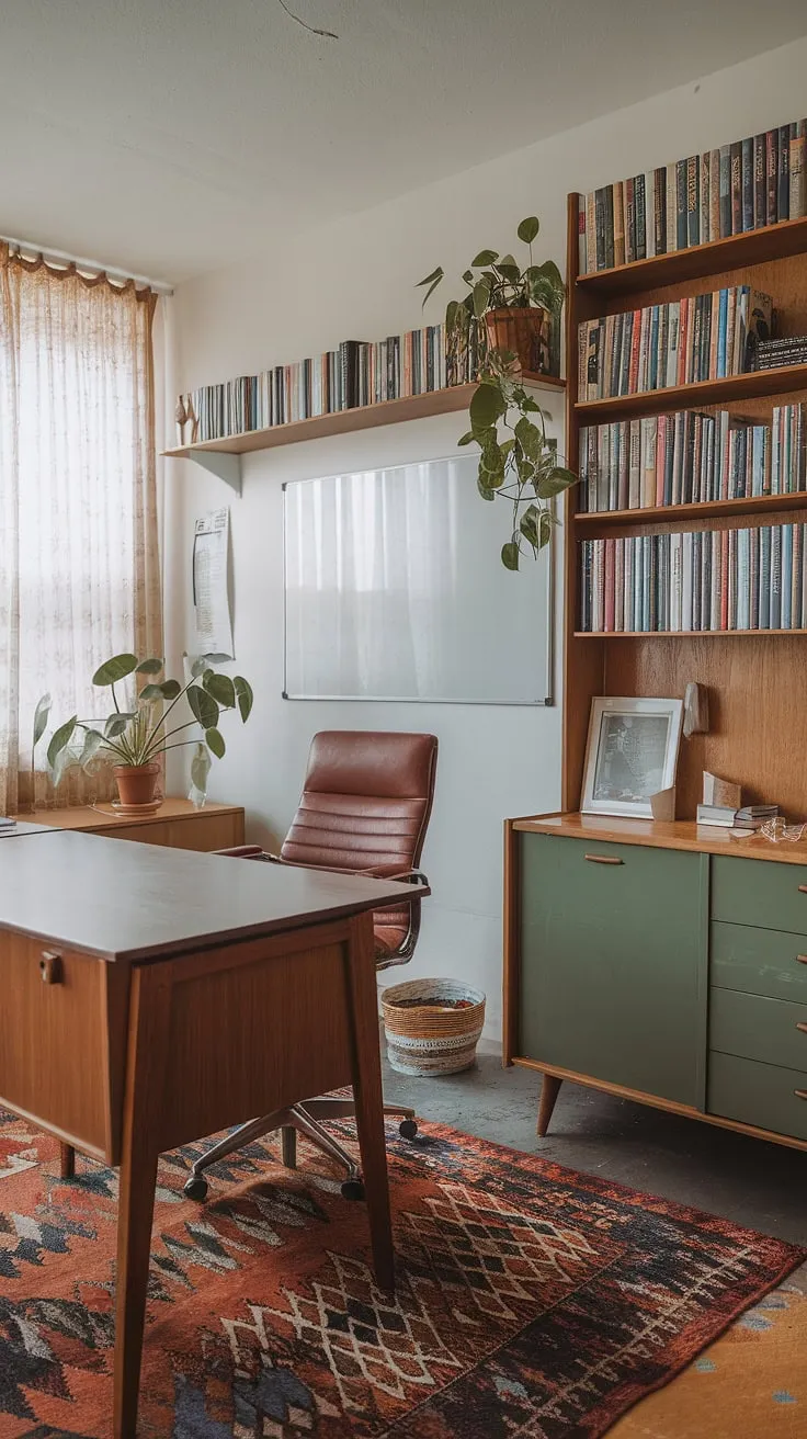 A haven of calm amidst the chaos, this mid-century modern workspace effortlessly blends functionality and aesthetic appeal. The carefully chosen details-from the patterned rug underfoot to the carefully arranged books-speak to a dedication to both work and well-being. The natural light streaming through the window enhances the feeling of serenity, creating the perfect environment for focused work and creative thinking.