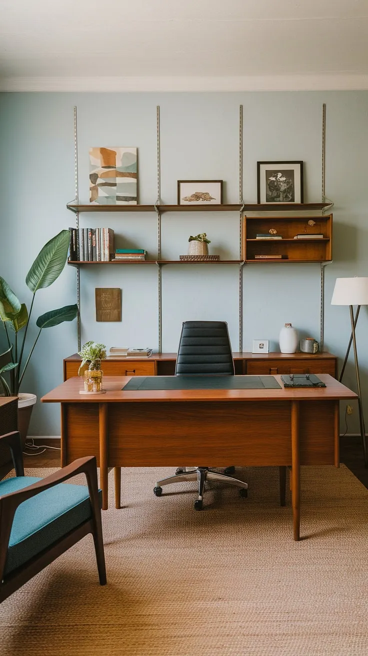 The calm efficiency of a mid-century modern workspace. Natural light streams in, illuminating the warm wood of the desk and the vibrant green of the plant, creating a space where ideas blossom. A perfect blend of form and function.