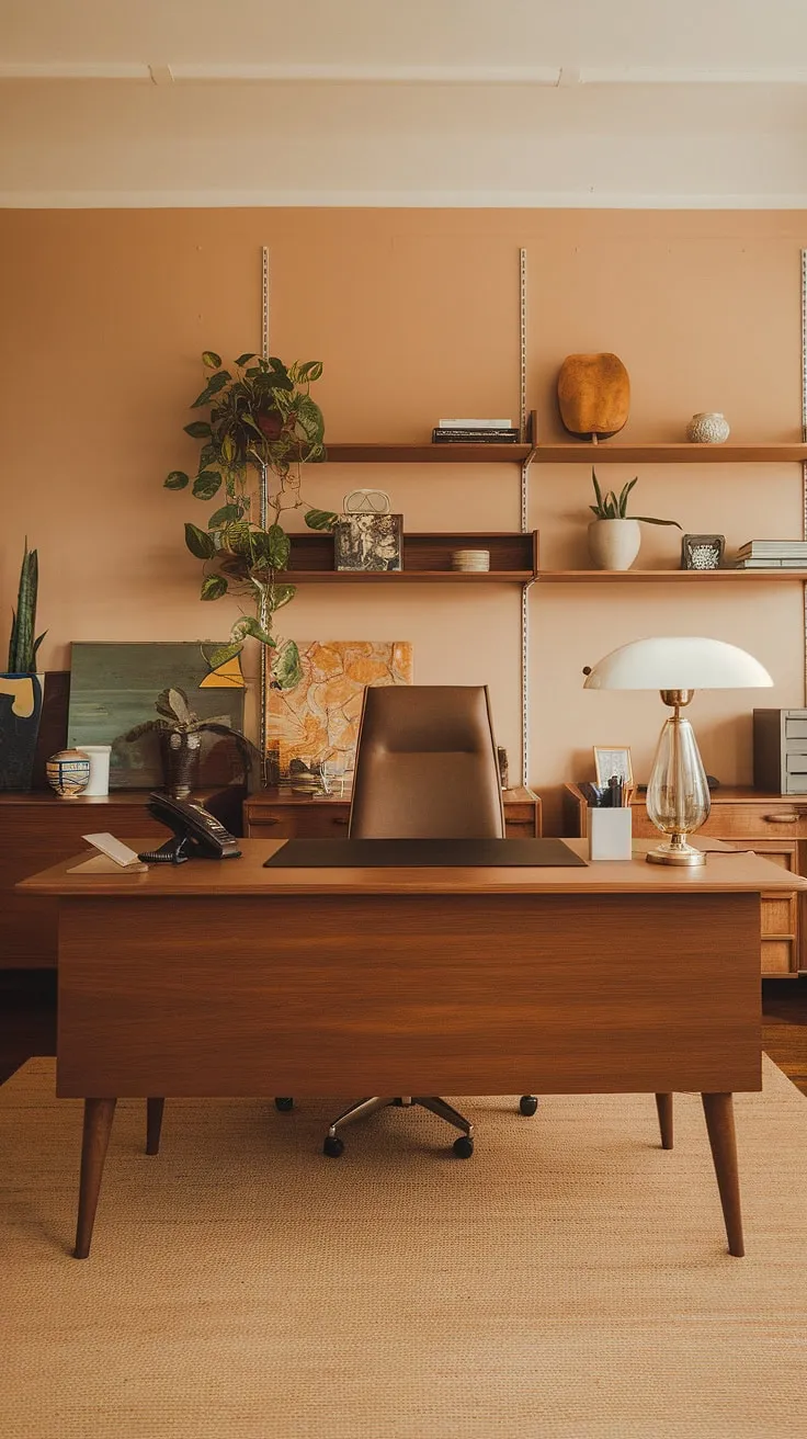 Step back in time to this mid-century modern office, where warm hues and thoughtful details create a space of quiet productivity. The vintage lamp casts a gentle glow on the wooden desk, a perfect setting for focused work. A testament to timeless design and functional elegance.