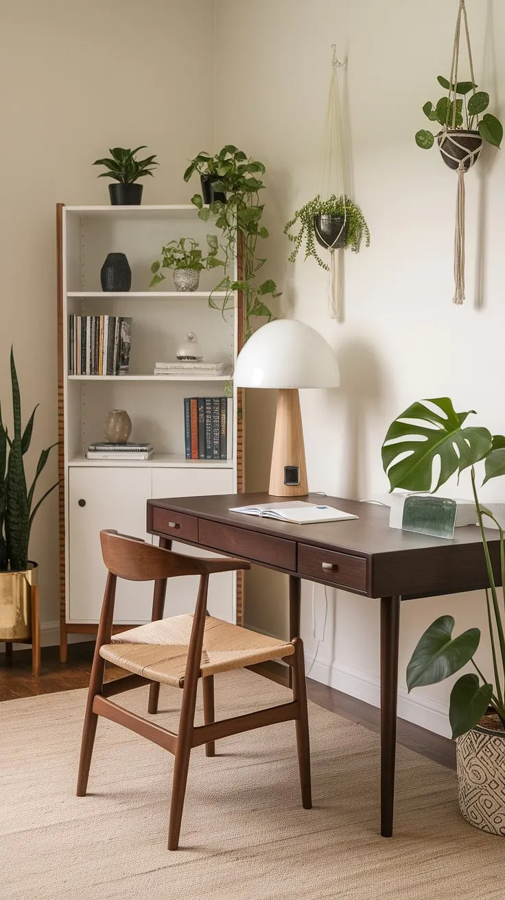 This home office effortlessly blends classic mid-century style with a touch of modern minimalism. The dark wood desk, paired with the woven chair and a simple white bookshelf, offers a sophisticated yet inviting atmosphere. A few carefully chosen plants add a touch of life and vibrancy to the space, creating a tranquil and productive environment.