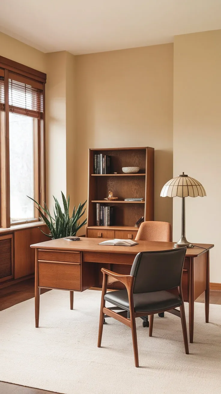 Sunlight streams through the wooden blinds, illuminating the warm, mid-century modern aesthetic of this home office. The vintage lampshade casts a gentle glow on the wooden desk, creating the perfect atmosphere for focused work, enhanced by the calming presence of a potted plant and the organized bookshelves. A comfortable chair invites you to settle in and let the creative energy flow.