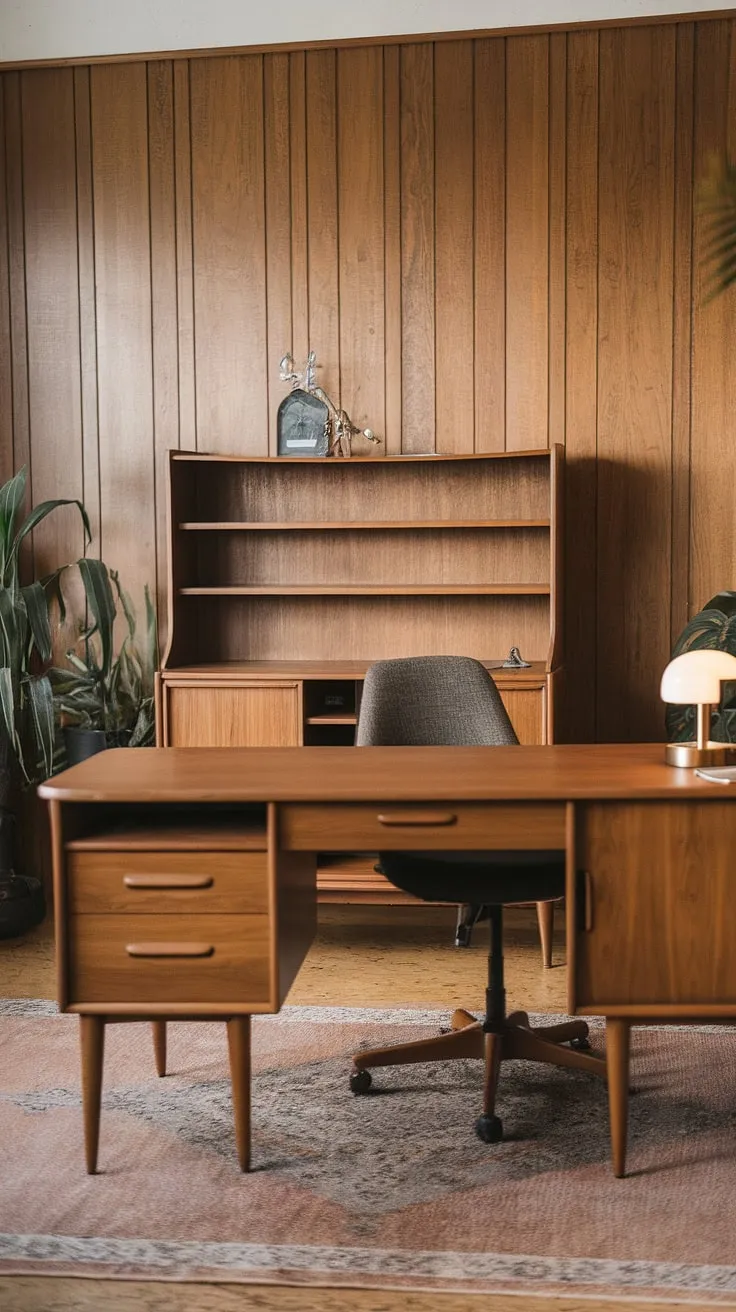 Bathed in the warm glow of the afternoon sun, this mid-century modern home office offers a sanctuary of calm and productivity. The rich wood tones of the desk, cabinet, and paneling create a timeless aesthetic, complemented by the simple elegance of the chair and the vibrant green of the plant. A perfect space for focused work and quiet contemplation. A sense of serenity pervades the room.