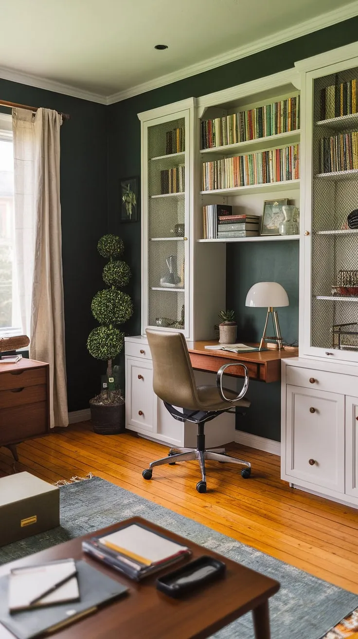 The quiet hum of productivity fills this mid-century modern office. Dark green walls create a sophisticated backdrop for the white built-in bookcase, a testament to thoughtful design and efficient use of space. The wooden desk, bathed in the warm glow of the desk lamp, invites focused work, while the mid-century modern chair promises comfortable hours spent crafting ideas. A small plant adds a touch of life, a reminder to take a breath amidst the creative process. The carefully curated details, from the notebook and pen to the wooden box, speak to a life lived with intention. A sense of calm and collected energy permeates the room.