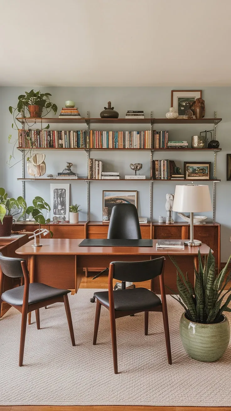 This mid-century modern home office, bathed in soft light, offers a tranquil workspace. The rich wood desk, comfortable chairs, and curated bookshelf create an inspiring atmosphere, perfectly complemented by the calming blue walls and lush greenery. A haven for creativity and productivity.