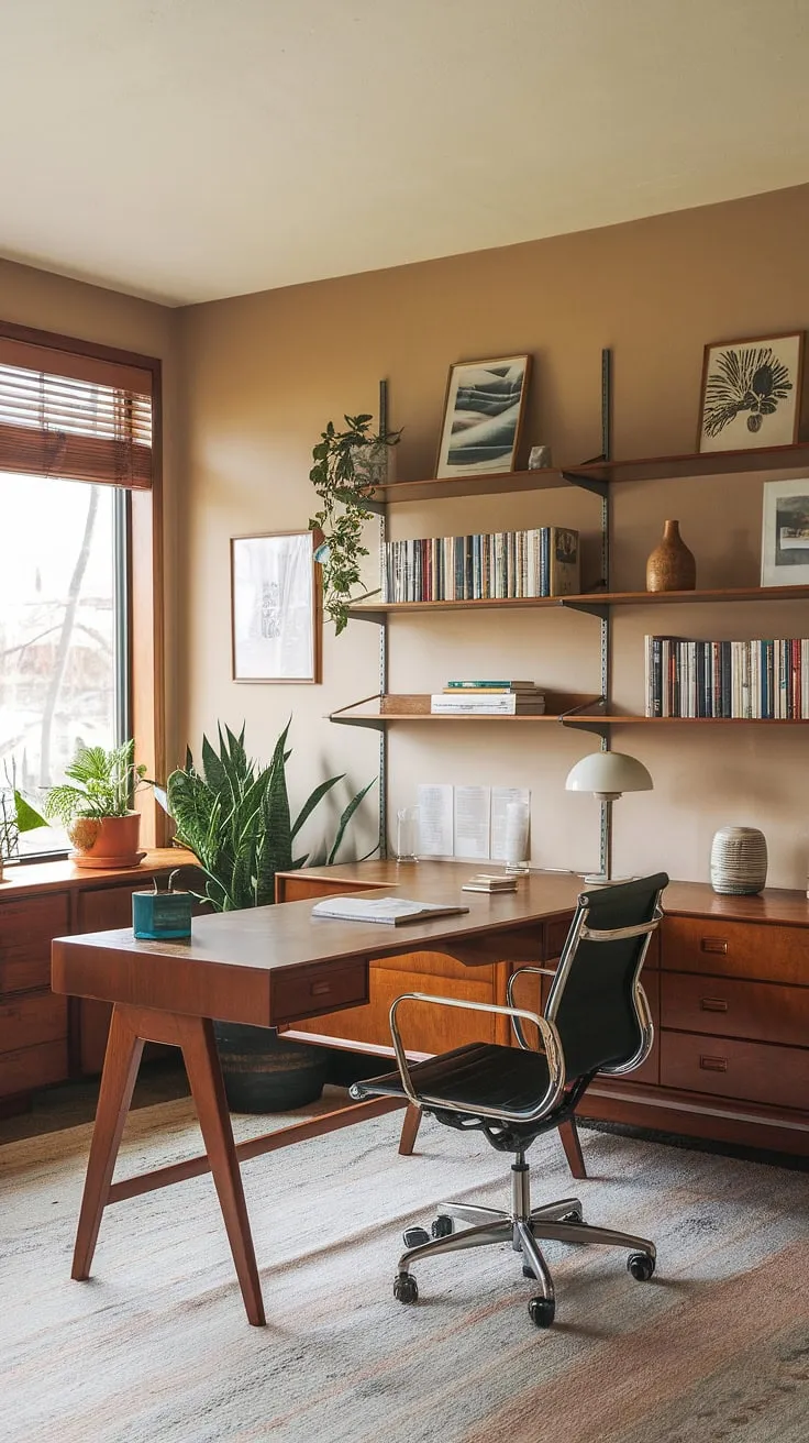 This mid-century modern sanctuary is a testament to timeless design. The warm beige walls, paired with the natural wood of the desk and shelving, create a serene atmosphere ideal for focused work. The carefully curated books and plants add personality, making it a space as unique as its inhabitant. A haven for productivity and quiet contemplation.