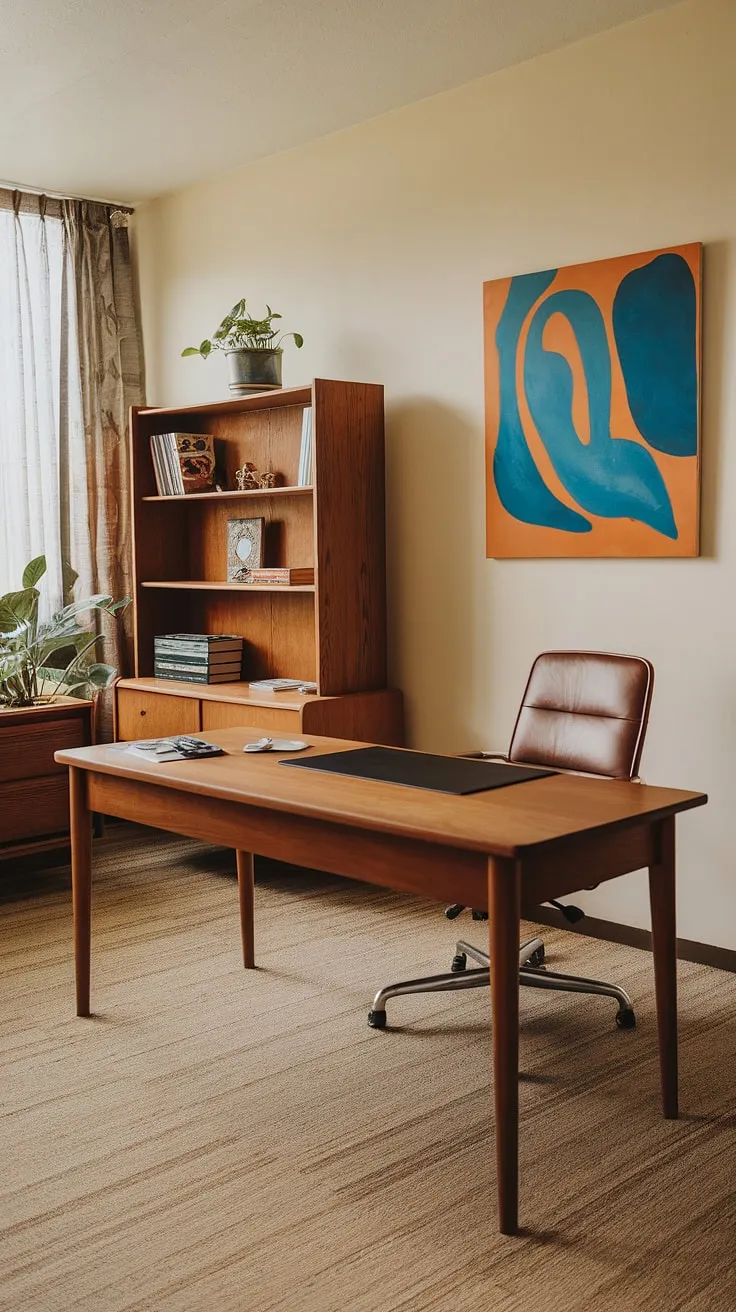 The warm glow of the afternoon sun illuminates this mid-century modern office, highlighting the rich wood of the desk and the vibrant hues of the abstract painting. A sense of calm and focused productivity pervades the space, enhanced by the simple elegance of the furnishings and the presence of a thriving plant. This is where ideas take shape.