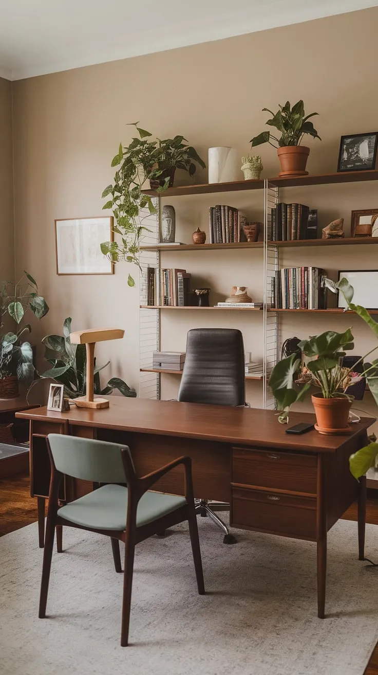 The warm glow of the mid-century modern lamp illuminates the calm workspace, a sanctuary of creativity where ideas blossom amidst the greenery. The carefully curated bookshelves and thoughtfully placed plants speak to a dedication to both work and well-being. A perfect blend of form and function.