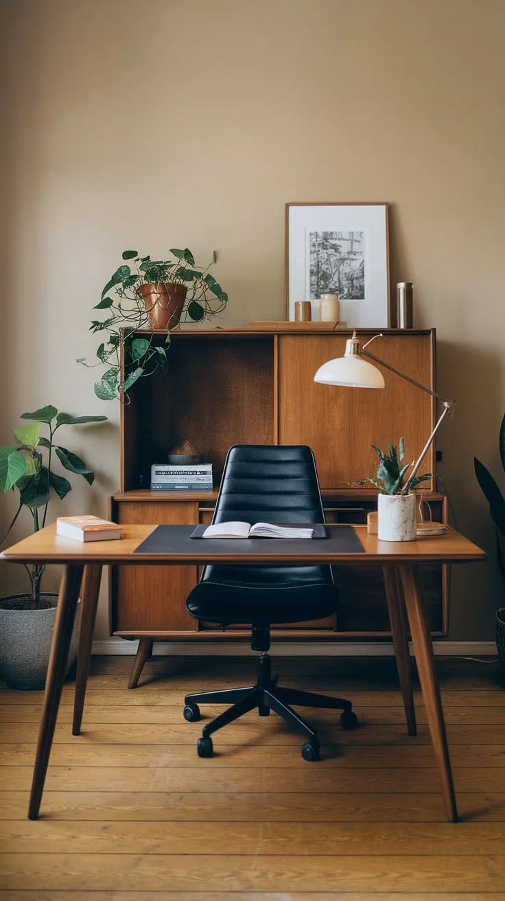 Mid-century modern design at its finest. The warm wood tones and soft lighting create a tranquil workspace, perfect for focused work and quiet contemplation. A simple elegance pervades the space, enhanced by the carefully chosen details-a single potted plant, a well-loved book, and the comfortable black chair. A sanctuary for creativity and productivity.