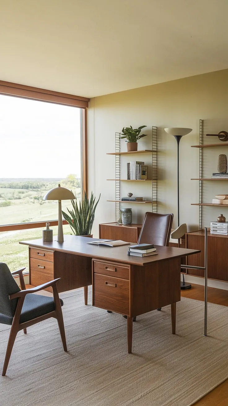 Sunlight streams through the large window, illuminating the warm wood tones of this mid-century modern home office. The carefully curated space, complete with a comfortable chair and a thriving plant, inspires a sense of calm and focused productivity. A perfect blend of form and function, it's a sanctuary for creative work and quiet contemplation.