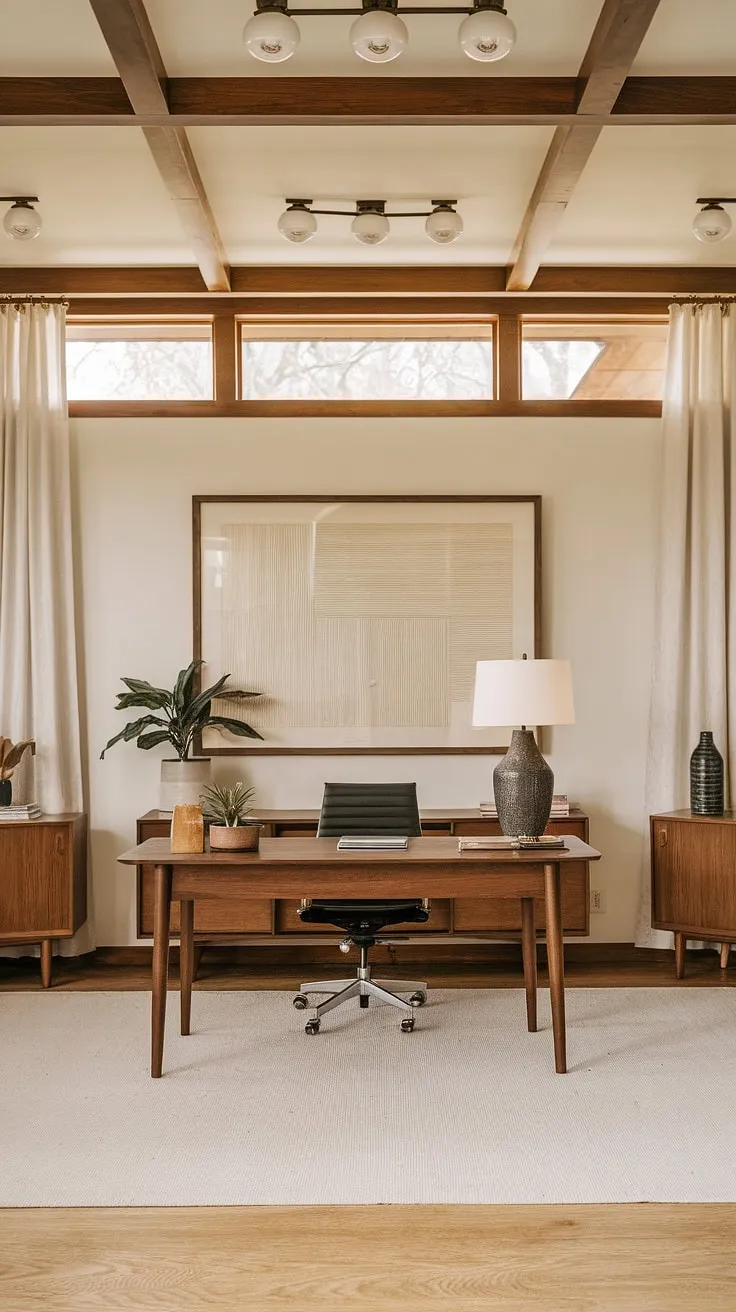Mid-century modern design at its finest. The warm wood tones, the clean lines, and the thoughtful placement of the artwork, plant, and lamp create a workspace that's both inspiring and calming. A perfect blend of form and function, this home office is a testament to timeless style. A sanctuary for creativity and productivity.