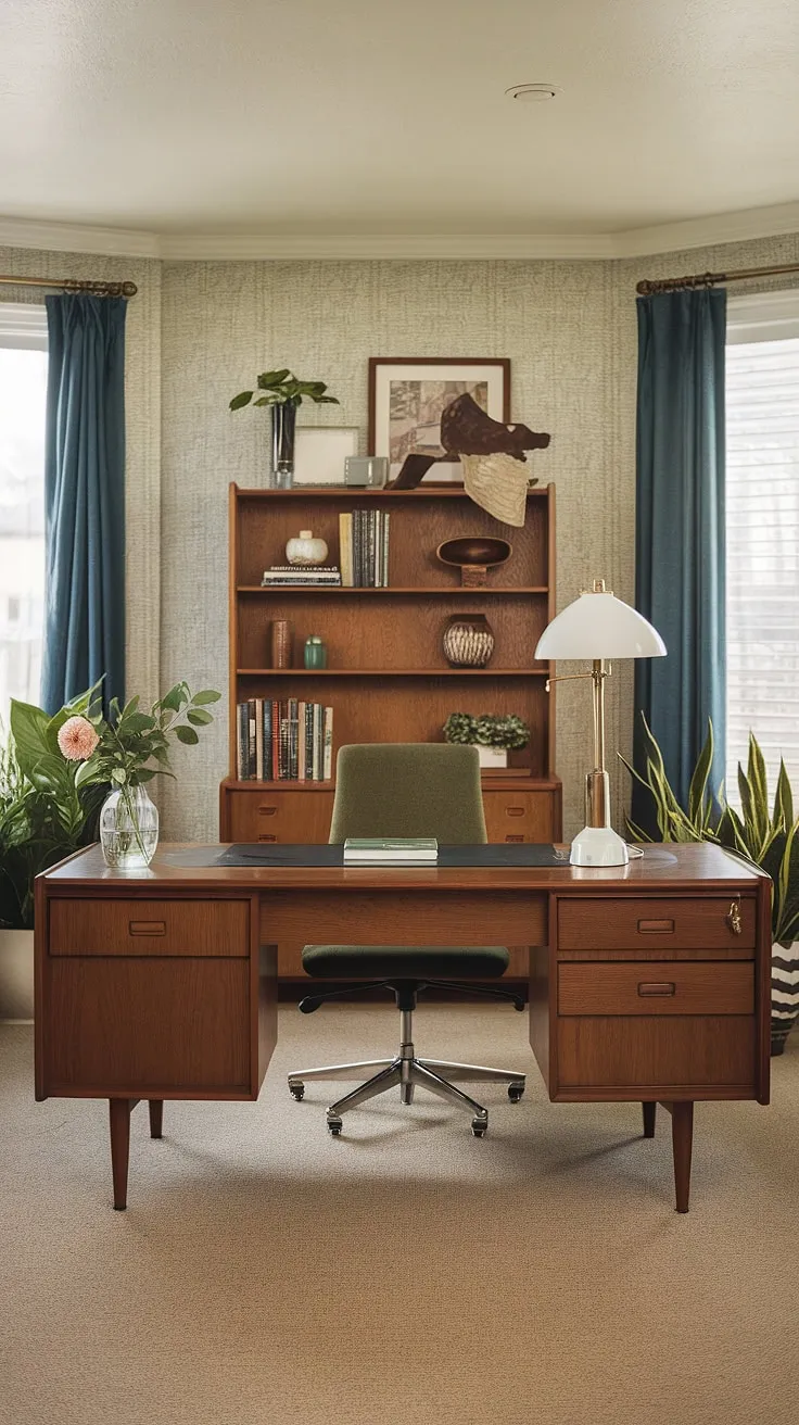 This mid-century modern home office is a study in understated elegance. The rich wood tones of the desk, complemented by the soft green of the chair and the subtle texture of the beige wallpaper, create a harmonious and inviting space. A place where productivity meets tranquility, this room is a testament to timeless design and thoughtful detail. The carefully curated books and plants add personality and warmth, making it more than just a workspace-it's a haven.