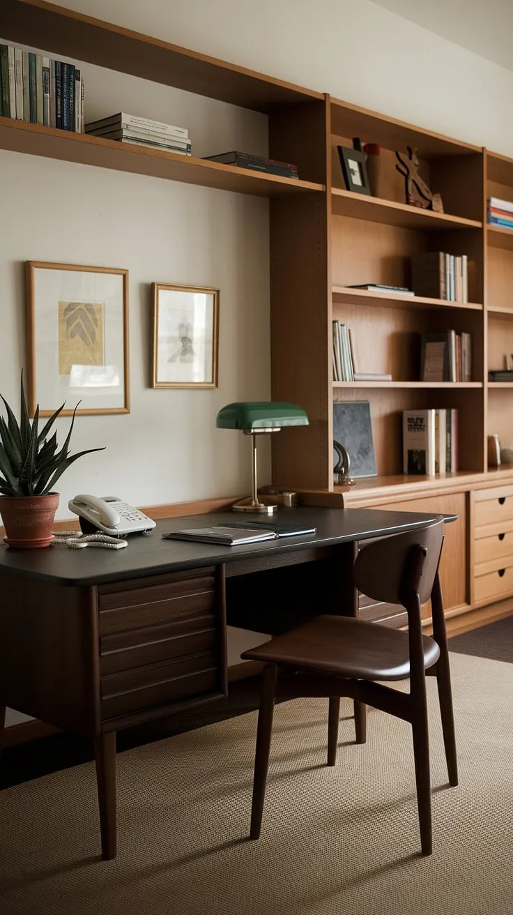 This mid-century modern home office is a study in understated elegance. The rich tones of the dark wood desk and built-in shelving are complemented by the soft beige rug and the vibrant green of the desk lamp, creating a harmonious and productive atmosphere. The carefully arranged books, a simple white telephone, and a touch of greenery complete this tranquil and inspiring workspace, a testament to the enduring appeal of classic design.