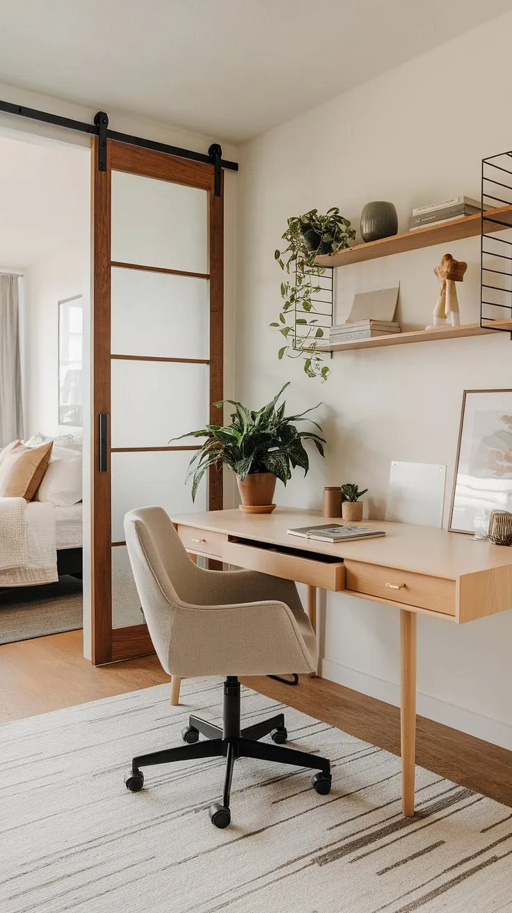 Sunlight streams through the sliding door, illuminating this serene mid-century modern home office. The light wood desk, comfortable chair, and carefully curated details create a space perfect for focused work and quiet contemplation. A potted plant adds a touch of nature, enhancing the calming atmosphere. This is where inspiration thrives.