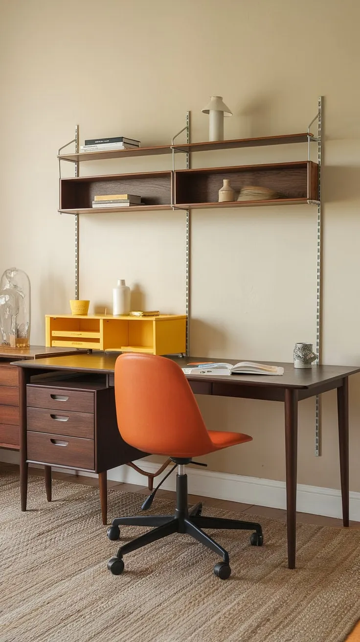 This home office seamlessly blends functionality and mid-century modern aesthetics. The rich tones of the dark wood desk and the cheerful pop of orange from the chair create a space that's both inspiring and calming. A testament to the enduring appeal of classic design.