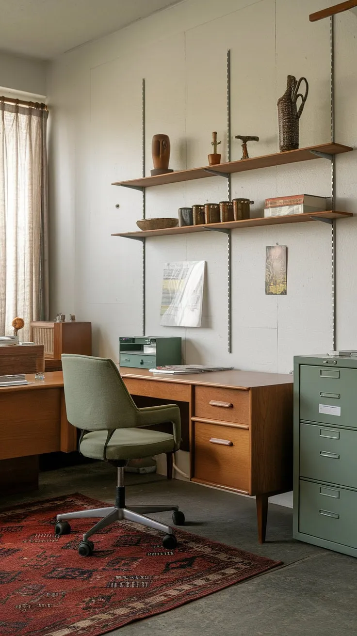 A quiet sanctuary of creativity. This mid-century office, with its simple elegance and patina of time, invites contemplation. The green chair, the wooden desk, the carefully curated shelf – each element contributes to a space where inspiration thrives. A perfect blend of form and function.
