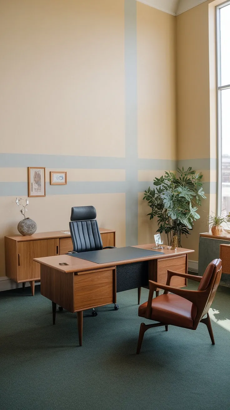 The calming rhythm of mid-century modern design. Natural light streams through the window, illuminating the warm wood of the desk and the vibrant green carpet, creating a workspace where inspiration flows freely. A perfect blend of form and function.